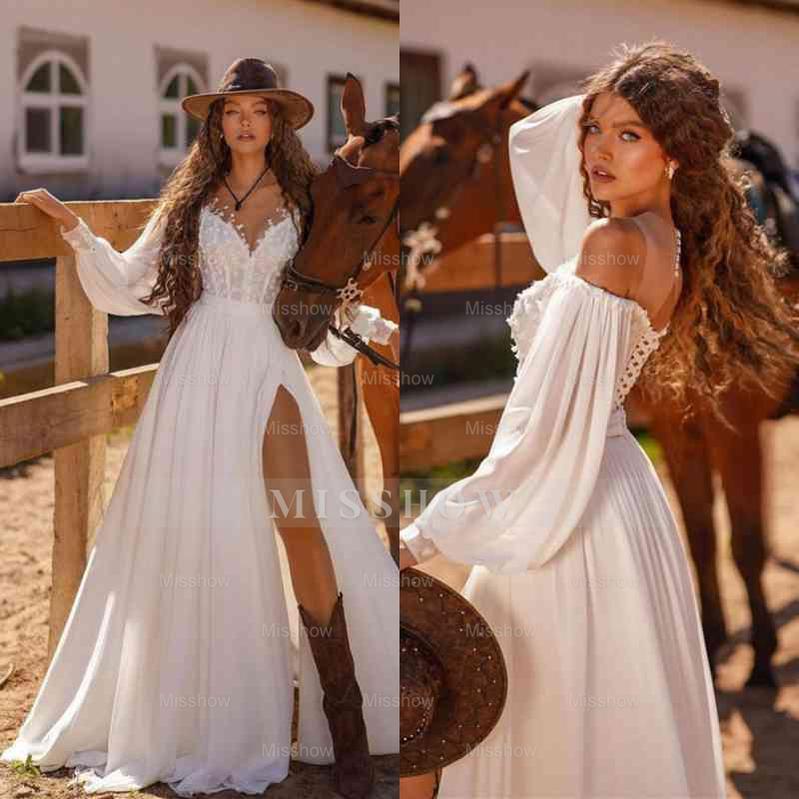 White Long Sleeves A line Long Formal Dress Softy With Front Split