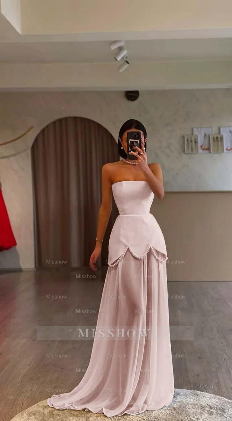 White Strapless Sleeveless Long Formal Dress With Pleated Beading