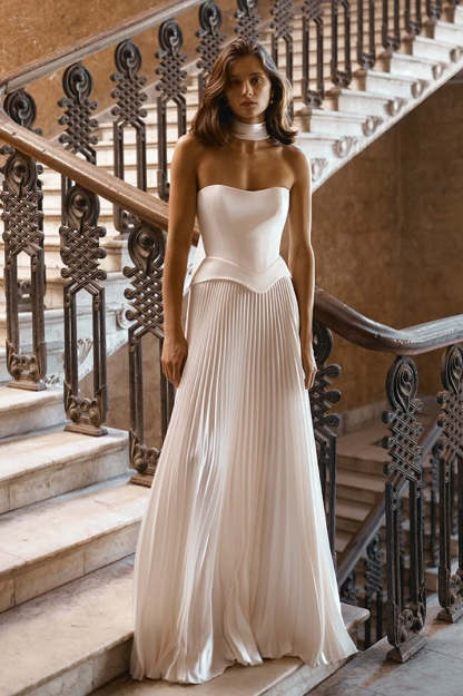 White Strapless Sleeveless Long Formal Dress With Pleated Ruffles