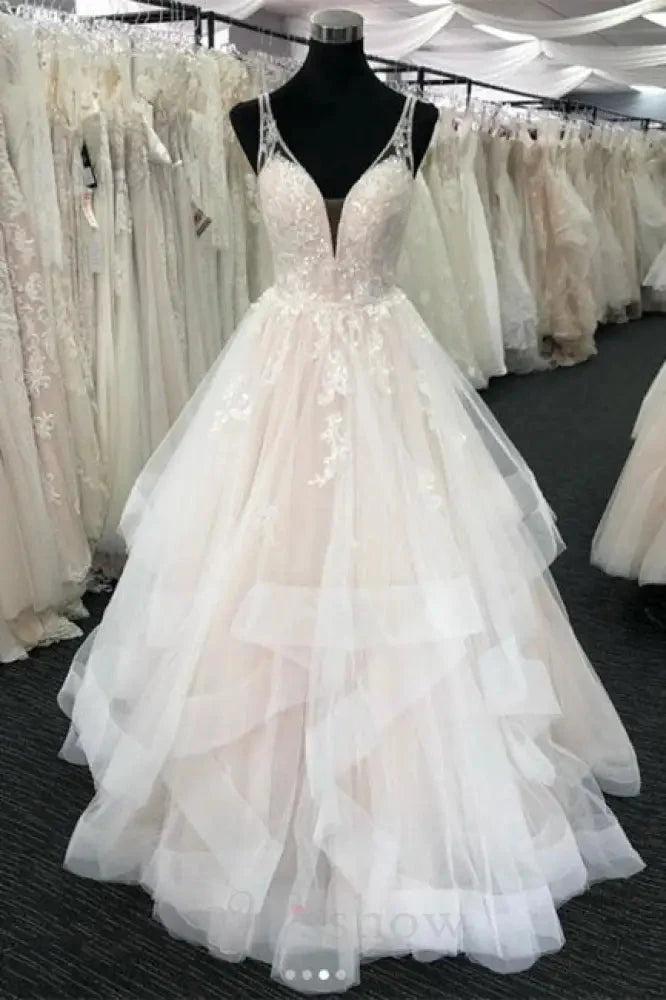 White Tulle V Neck Open Back Long Layered Wedding Dress