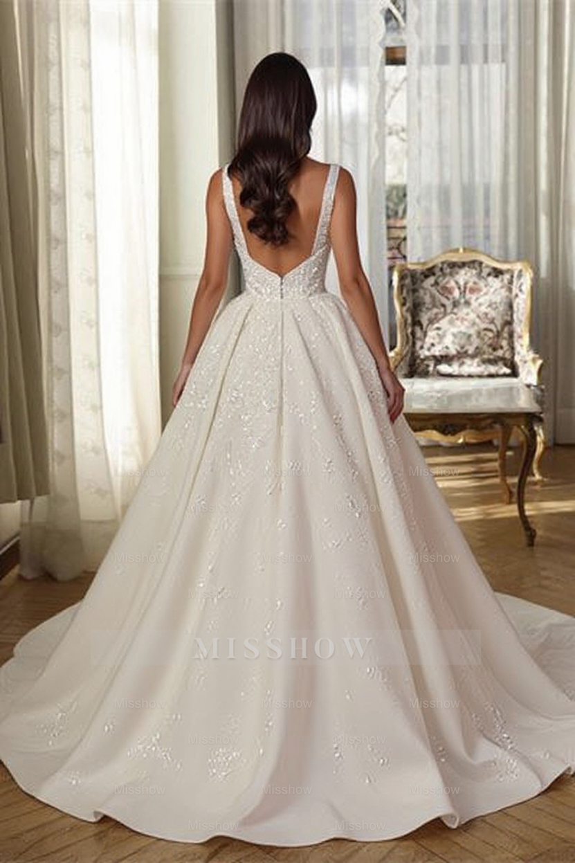 White V-neck Sleeveless Sequined Split Wedding Dress With Train
