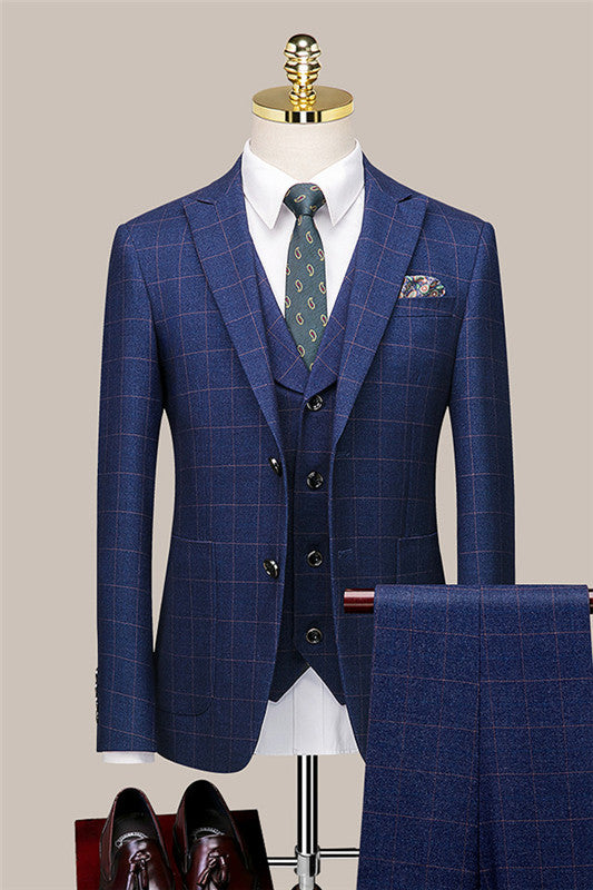 New Blue Plaid Close-Fitting Business Suit