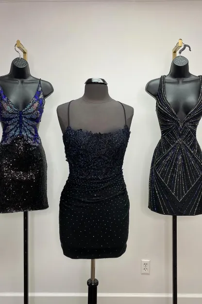 Stylish Sheath Spaghetti Straps Royal Blue Short Cocktail Dress With Appliques