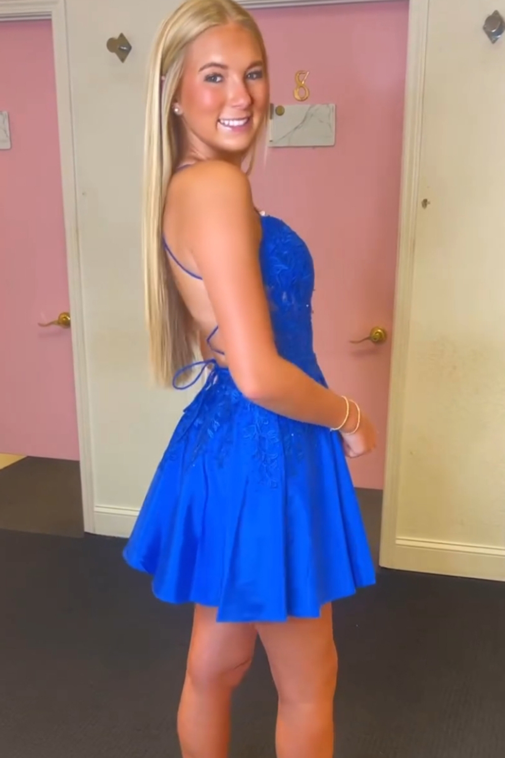 Gorgeous A Line Spaghetti Straps Royal Blue Corset Cocktail Dress With Appliques