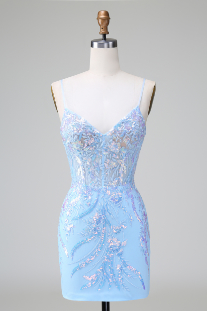 Blue Spaghetti Straps Sequins Bodycon Short Cocktail Dress