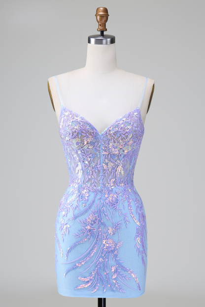 Blue Spaghetti Straps Sequins Bodycon Short Cocktail Dress