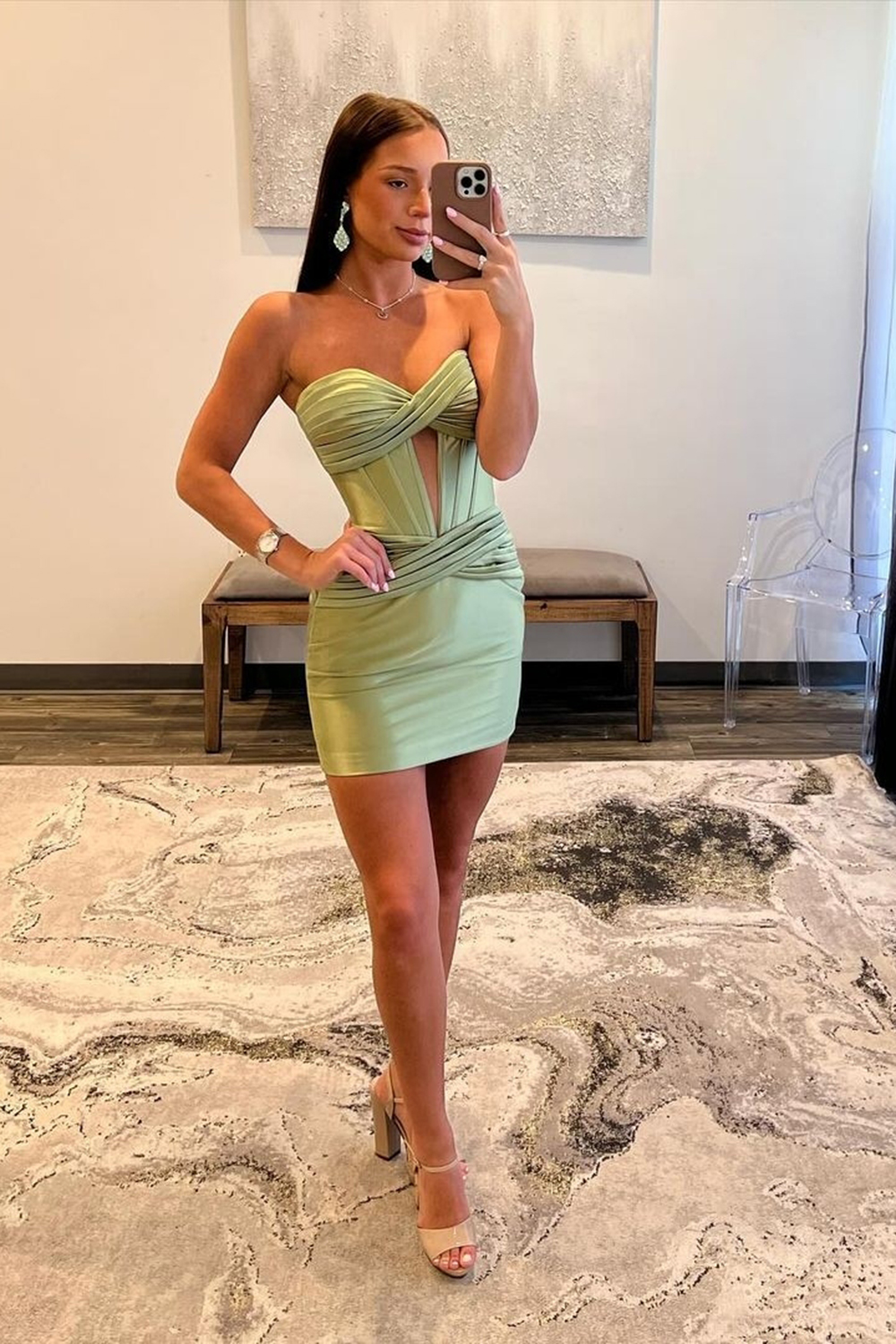 Trendy Copper Strapless Satin Sheath Short Cocktail Dress