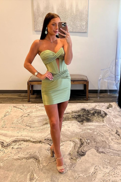 Trendy Copper Strapless Satin Sheath Short Cocktail Dress