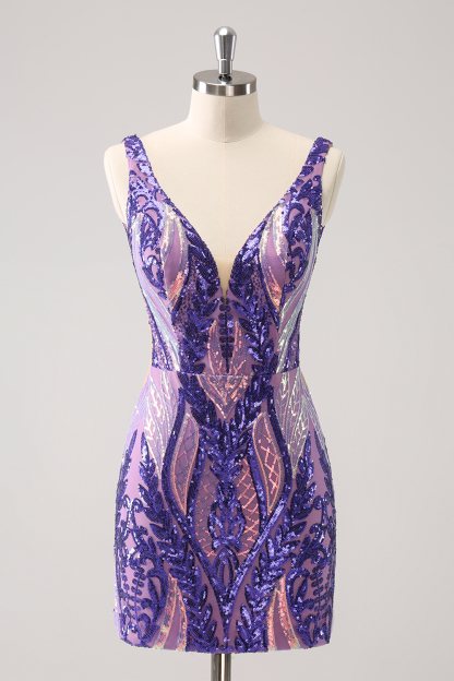 Sparkly Dark Purple V Neck Bodycon Sequins Cocktail Dress