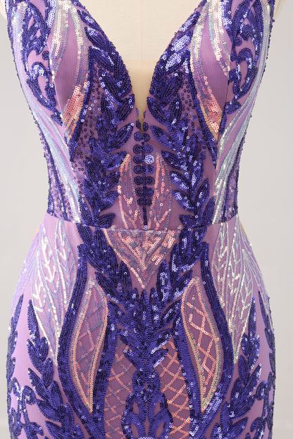Sparkly Dark Purple V Neck Bodycon Sequins Cocktail Dress