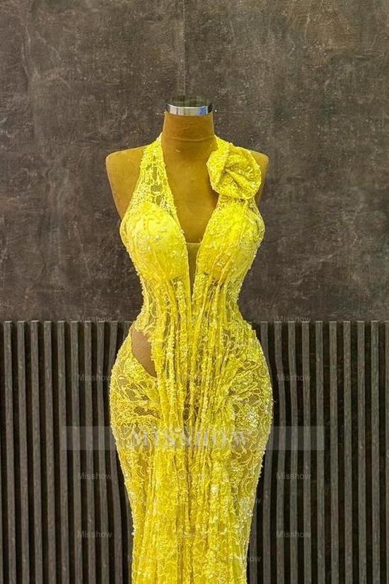 Yellow Lace Halter Neck Sleeveless Mermaid Long Formal Dress With Ruffles