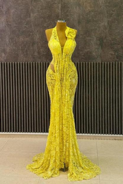 Yellow Lace Halter Neck Sleeveless Mermaid Long Formal Dress With Ruffles