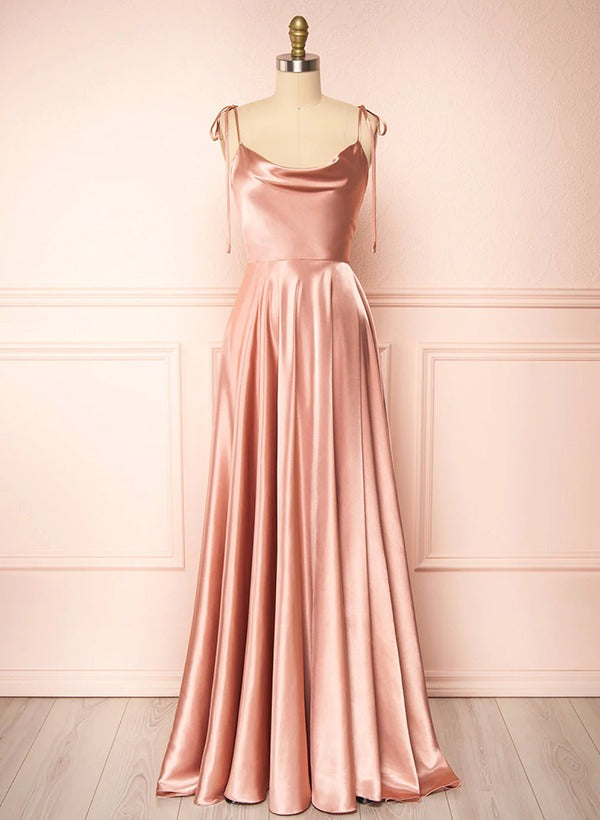 A-Line Cowl Neck Satin Bridesmaid Dresses With Spaghetti Straps And High Split