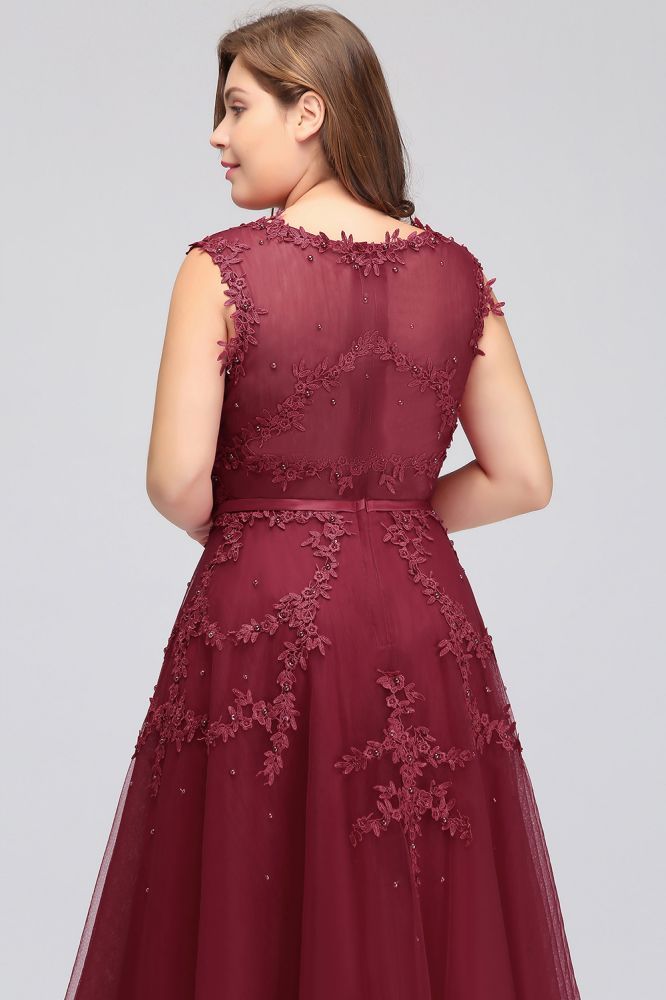 A-Line Crew Floor Length Sleeveless Plus size Tulle Appliqued Graduation Dresses with Crystals