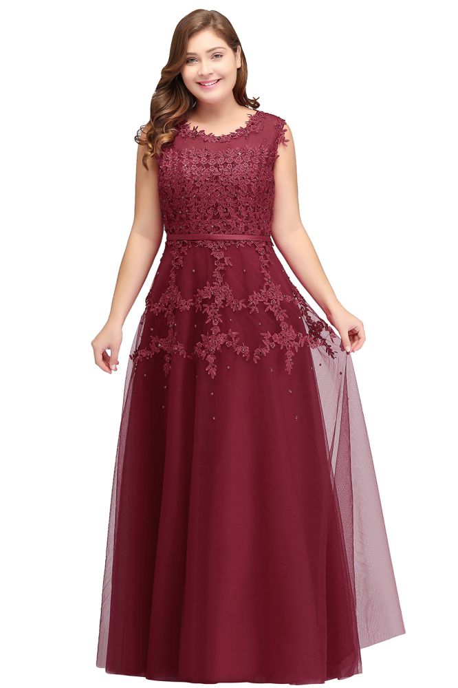 A-Line Crew Floor Length Sleeveless Plus size Tulle Appliqued Graduation Dresses with Crystals