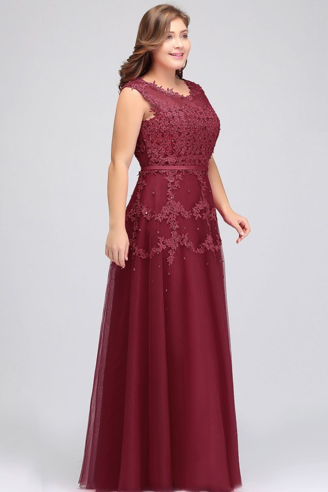 A-Line Crew Floor Length Sleeveless Plus size Tulle Appliqued Graduation Dresses with Crystals