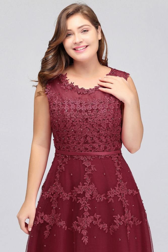 A-Line Crew Floor Length Sleeveless Plus size Tulle Appliqued Graduation Dresses with Crystals