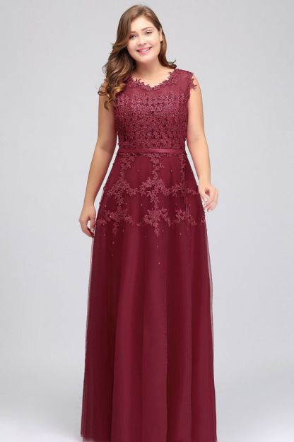 A-Line Crew Floor Length Sleeveless Plus size Tulle Appliqued Graduation Dresses with Crystals