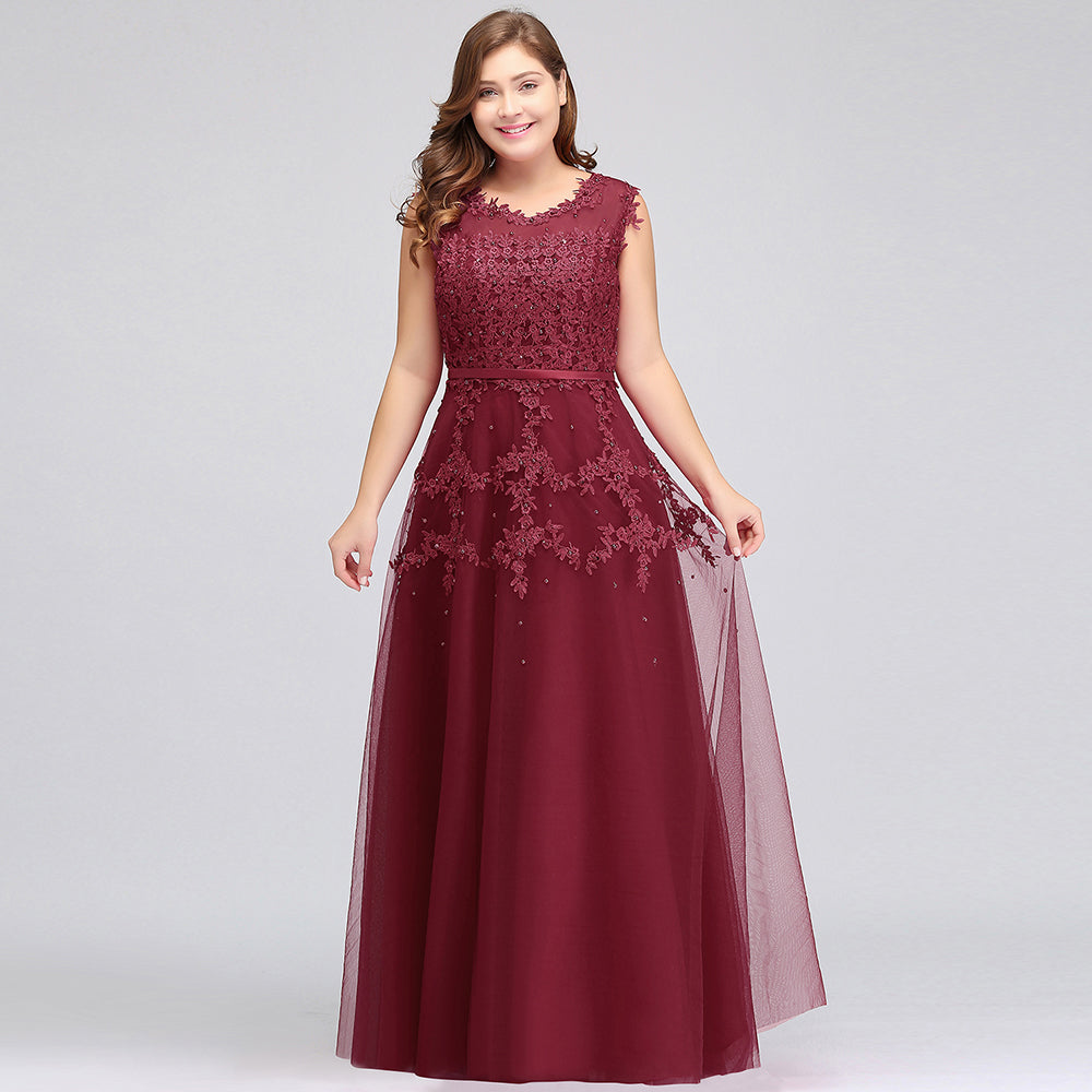 A-Line Crew Floor Length Sleeveless Plus size Tulle Appliqued Graduation Dresses with Crystals