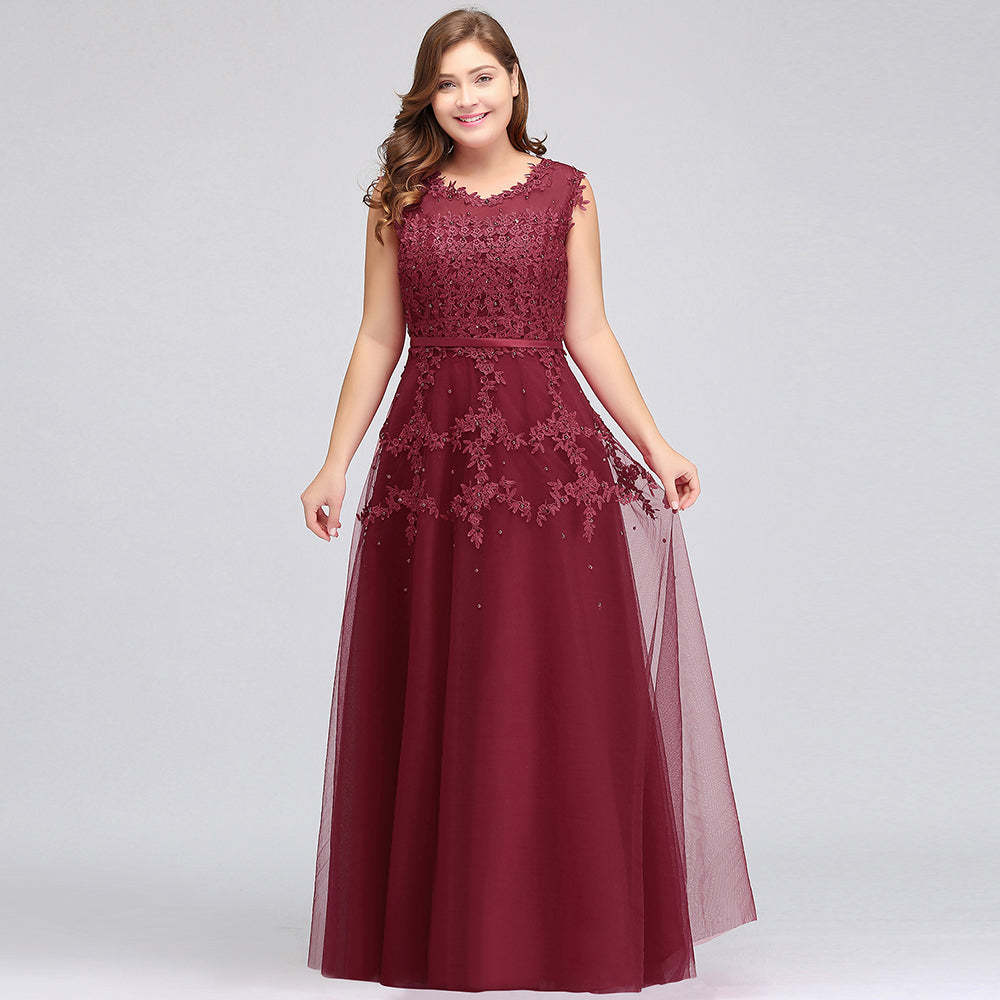 A-Line Crew Floor Length Sleeveless Plus size Tulle Appliqued Graduation Dresses with Crystals