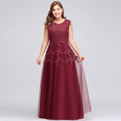 A-Line Crew Floor Length Sleeveless Plus size Tulle Appliqued Graduation Dresses with Crystals