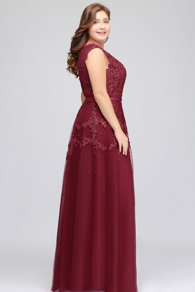 A-Line Crew Floor Length Sleeveless Plus size Tulle Appliqued Graduation Dresses with Crystals