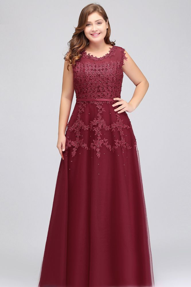 A-Line Crew Floor Length Sleeveless Plus size Tulle Appliqued Graduation Dresses with Crystals