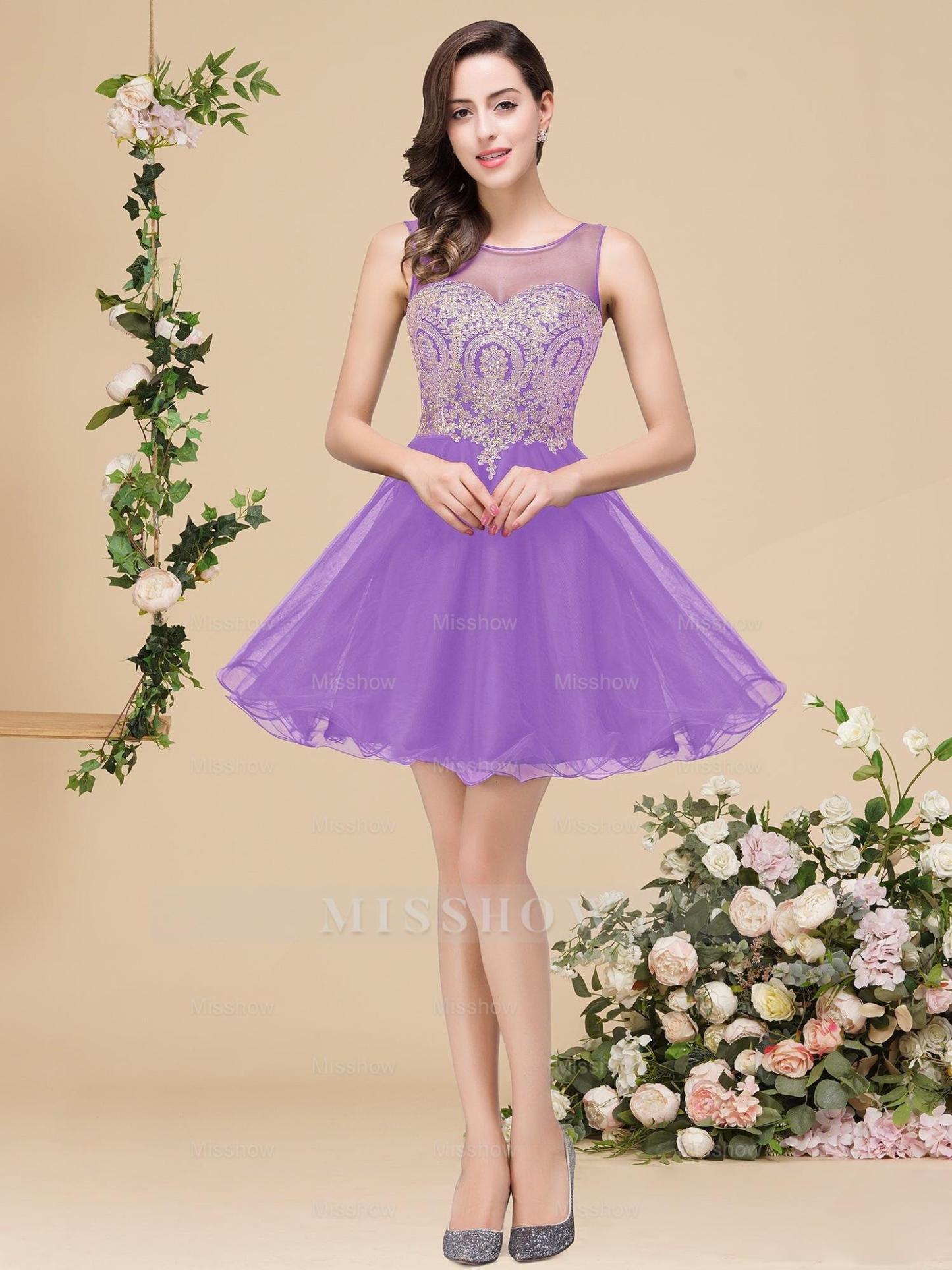 A-line Crew Short Sleeveless Appliques Prom Dresses