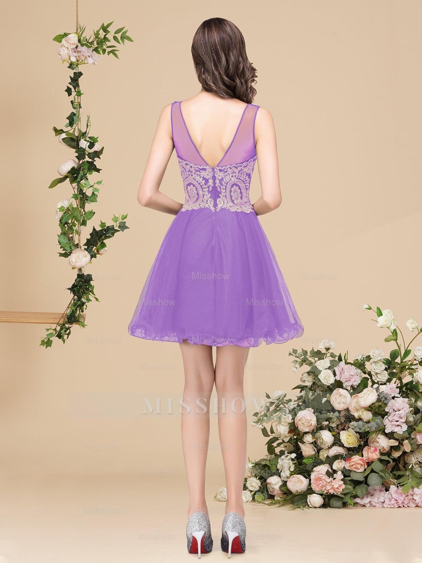 A-line Crew Short Sleeveless Appliques Prom Dresses