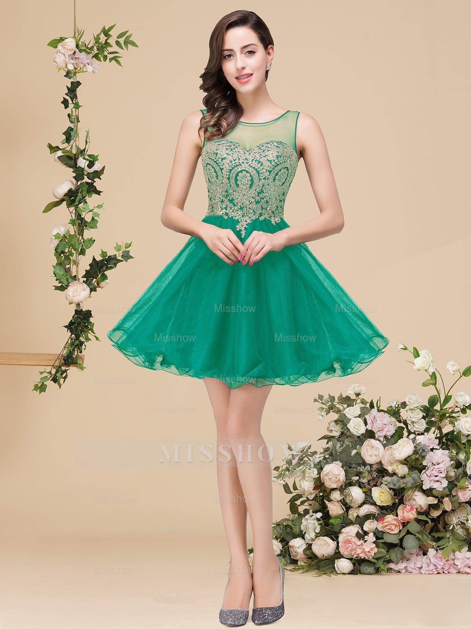 A-line Crew Short Sleeveless Appliques Prom Dresses