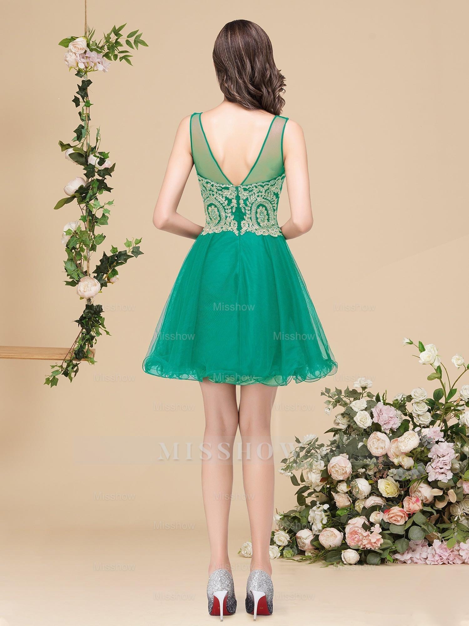 A-line Crew Short Sleeveless Appliques Prom Dresses