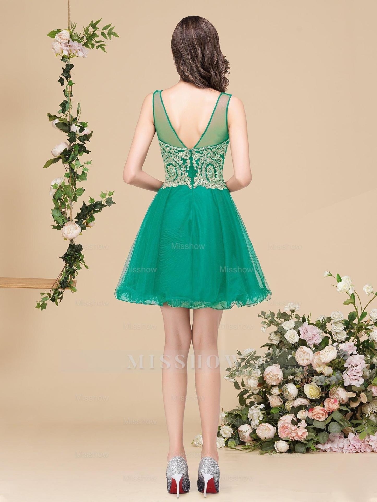 A-line Crew Short Sleeveless Appliques Prom Dresses