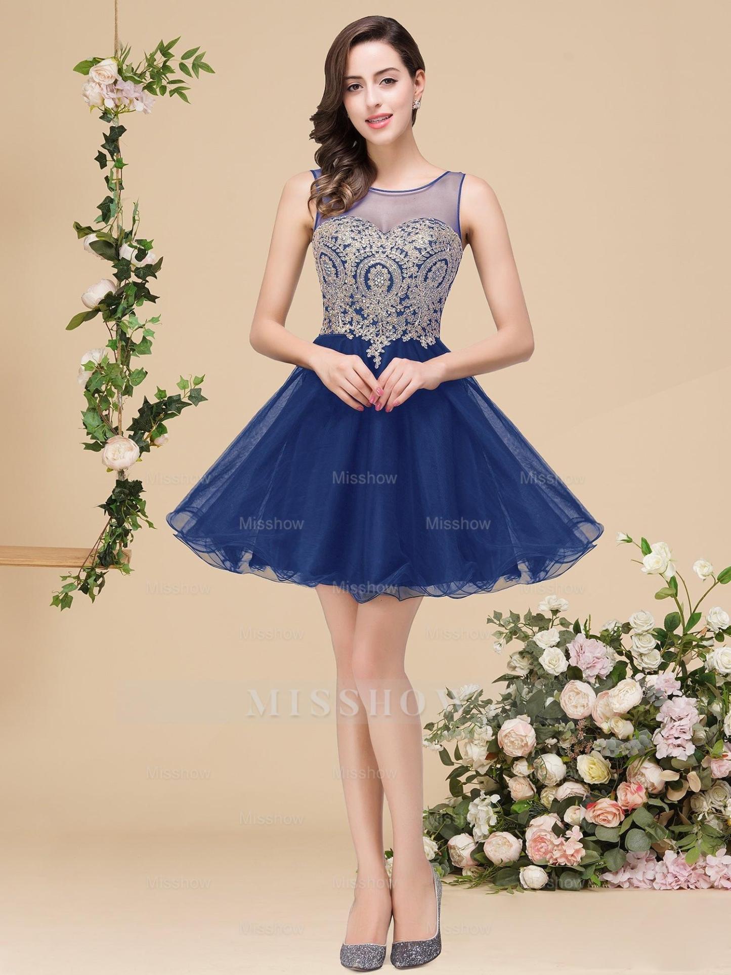 A-line Crew Short Sleeveless Appliques Prom Dresses