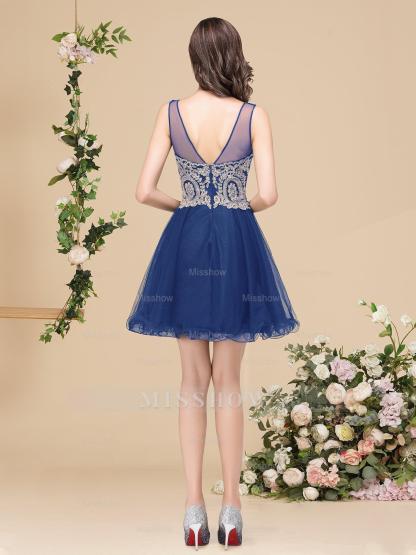 A-line Crew Short Sleeveless Appliques Prom Dresses