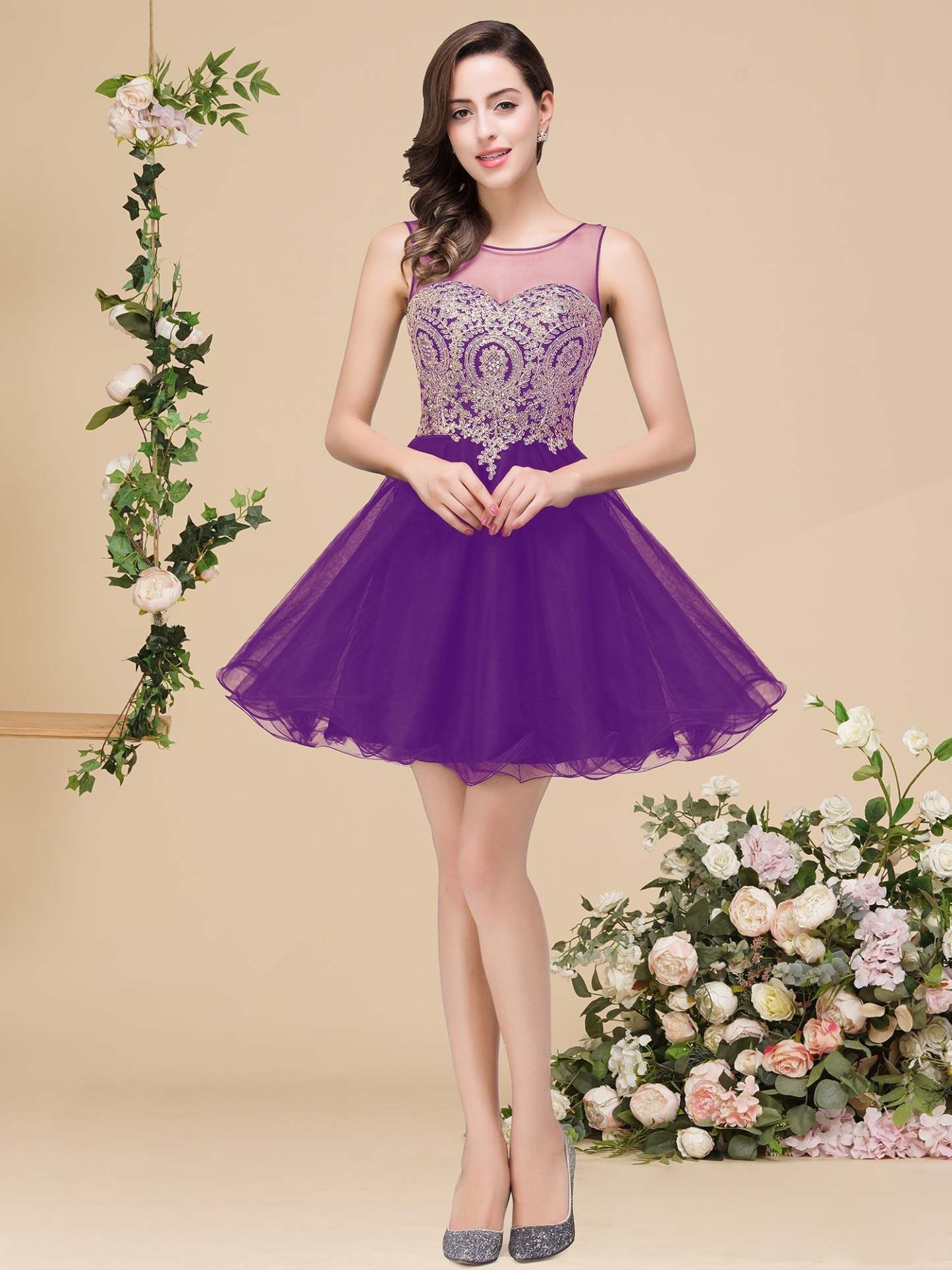 A-line Crew Short Sleeveless Appliques Prom Dresses