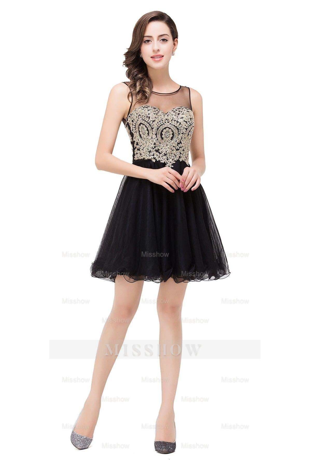 A-line Crew Short Sleeveless Appliques Prom Dresses