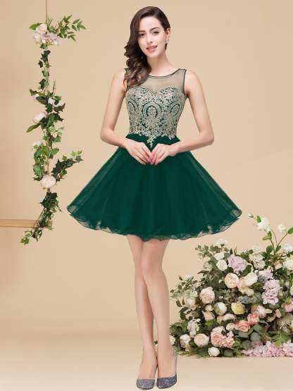 A-line Crew Short Sleeveless Appliques Prom Dresses
