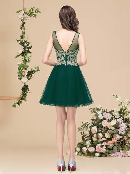 A-line Crew Short Sleeveless Appliques Prom Dresses