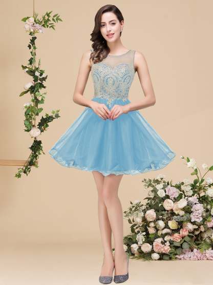A-line Crew Short Sleeveless Appliques Prom Dresses