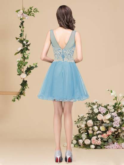 A-line Crew Short Sleeveless Appliques Prom Dresses