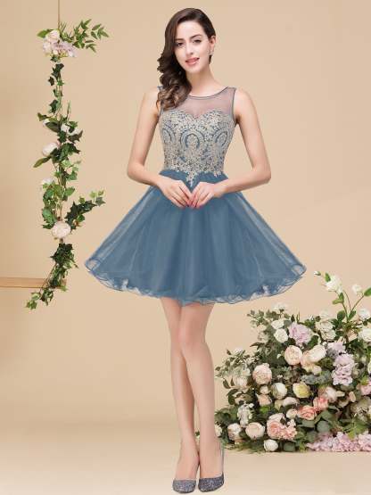A-line Crew Short Sleeveless Appliques Prom Dresses