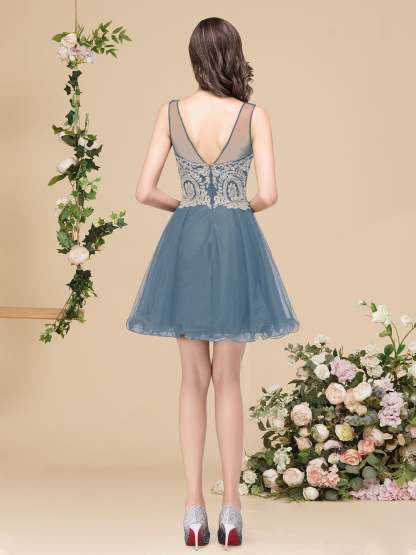 A-line Crew Short Sleeveless Appliques Prom Dresses