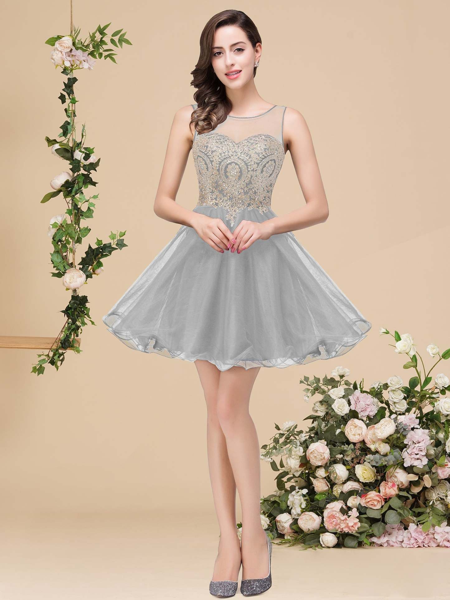 A-line Crew Short Sleeveless Appliques Prom Dresses