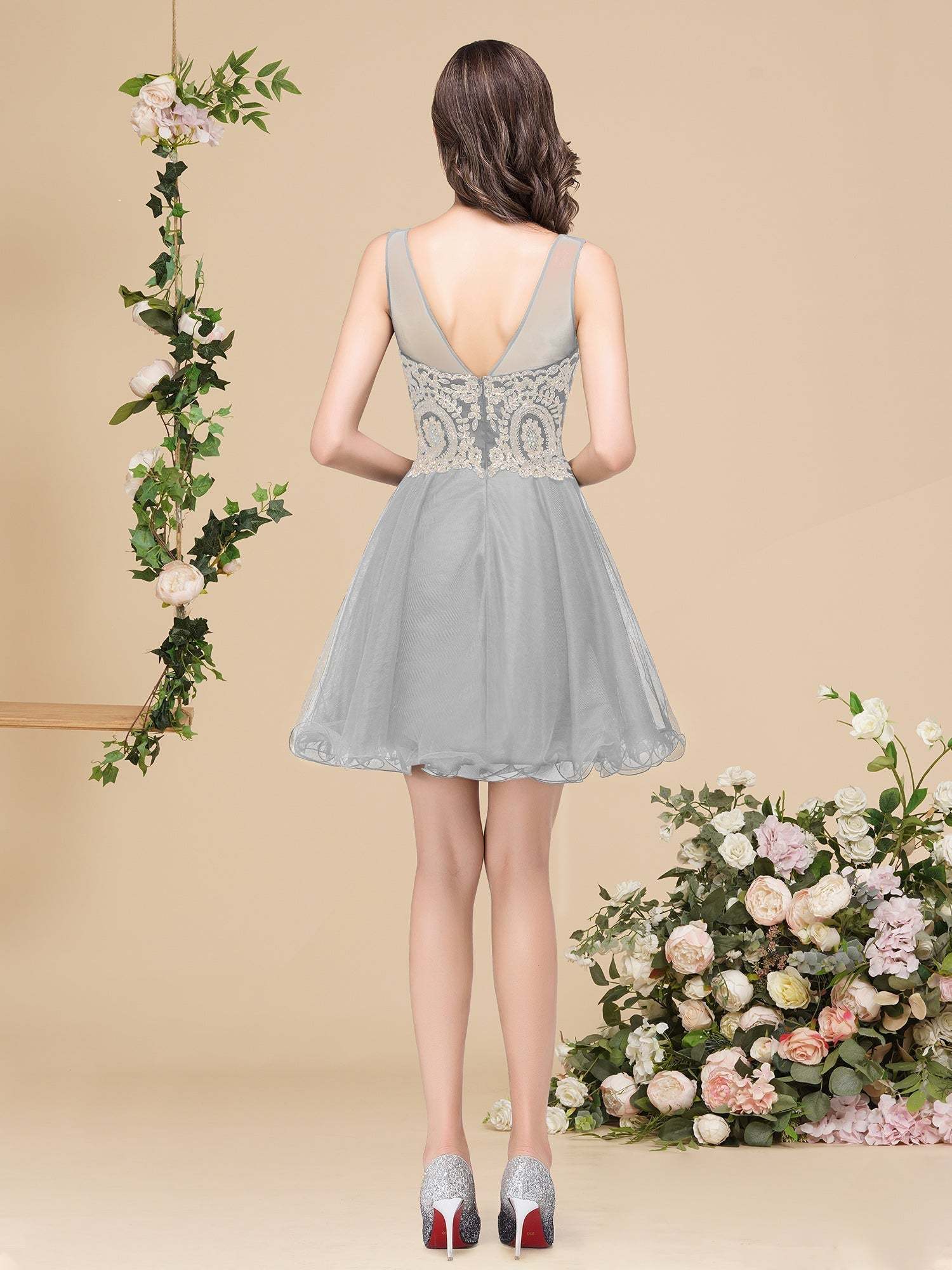 A-line Crew Short Sleeveless Appliques Prom Dresses