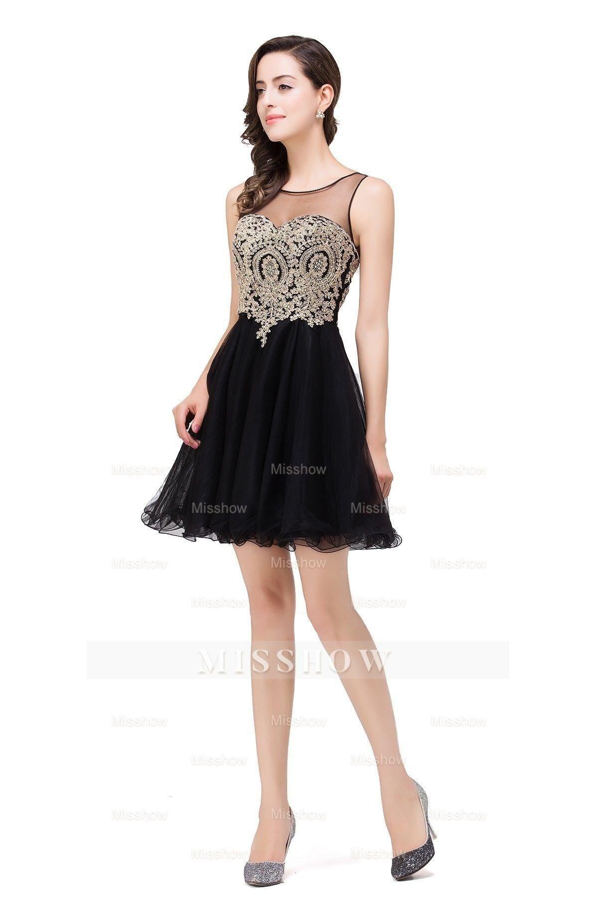 A-line Crew Short Sleeveless Appliques Prom Dresses