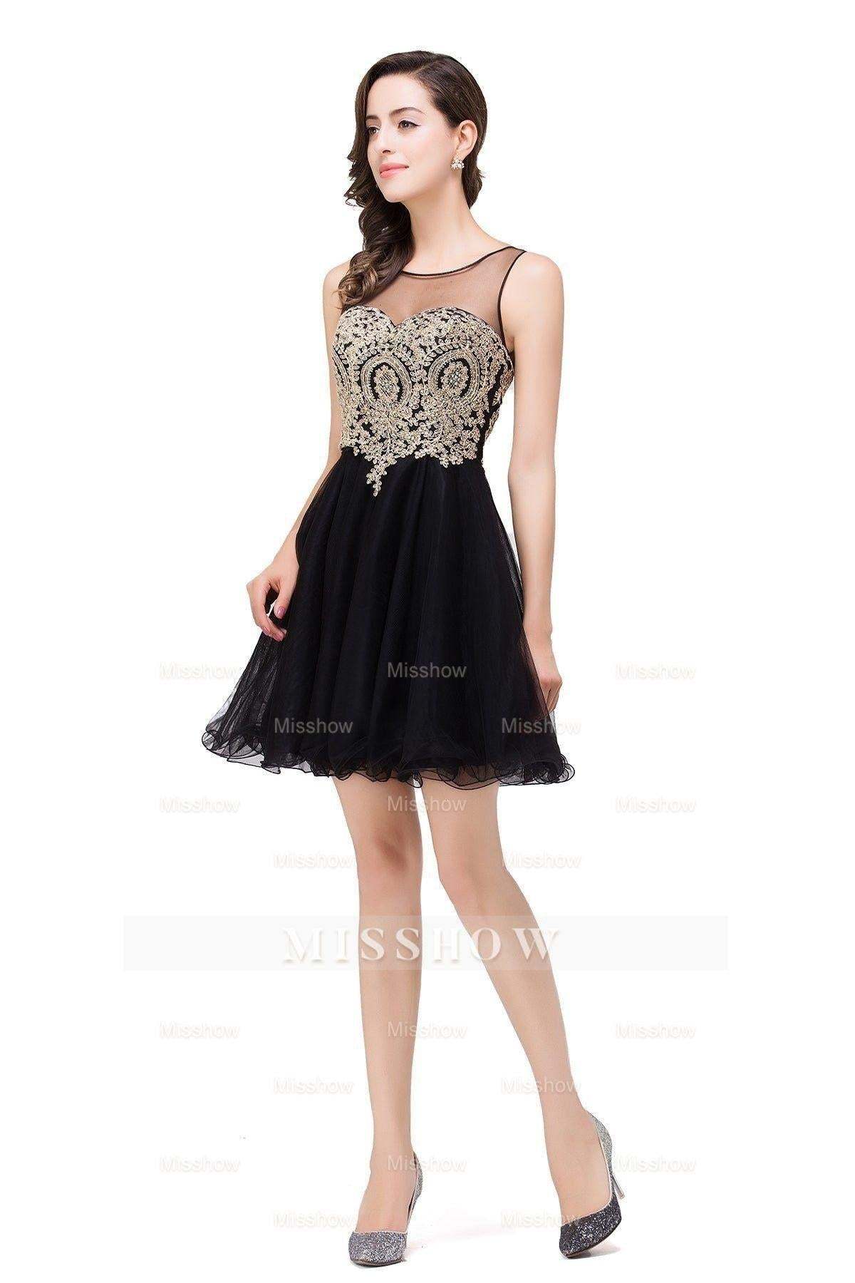 A-line Crew Short Sleeveless Appliques Prom Dresses