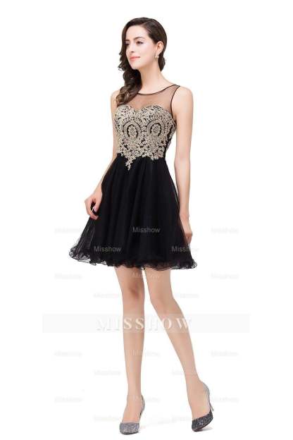 A-line Crew Short Sleeveless Appliques Prom Dresses
