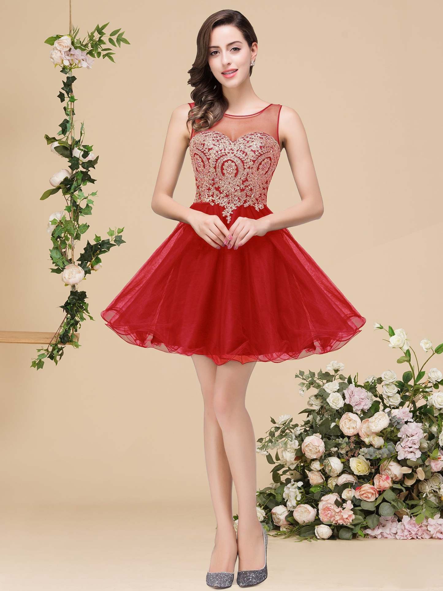 A-line Crew Short Sleeveless Appliques Prom Dresses