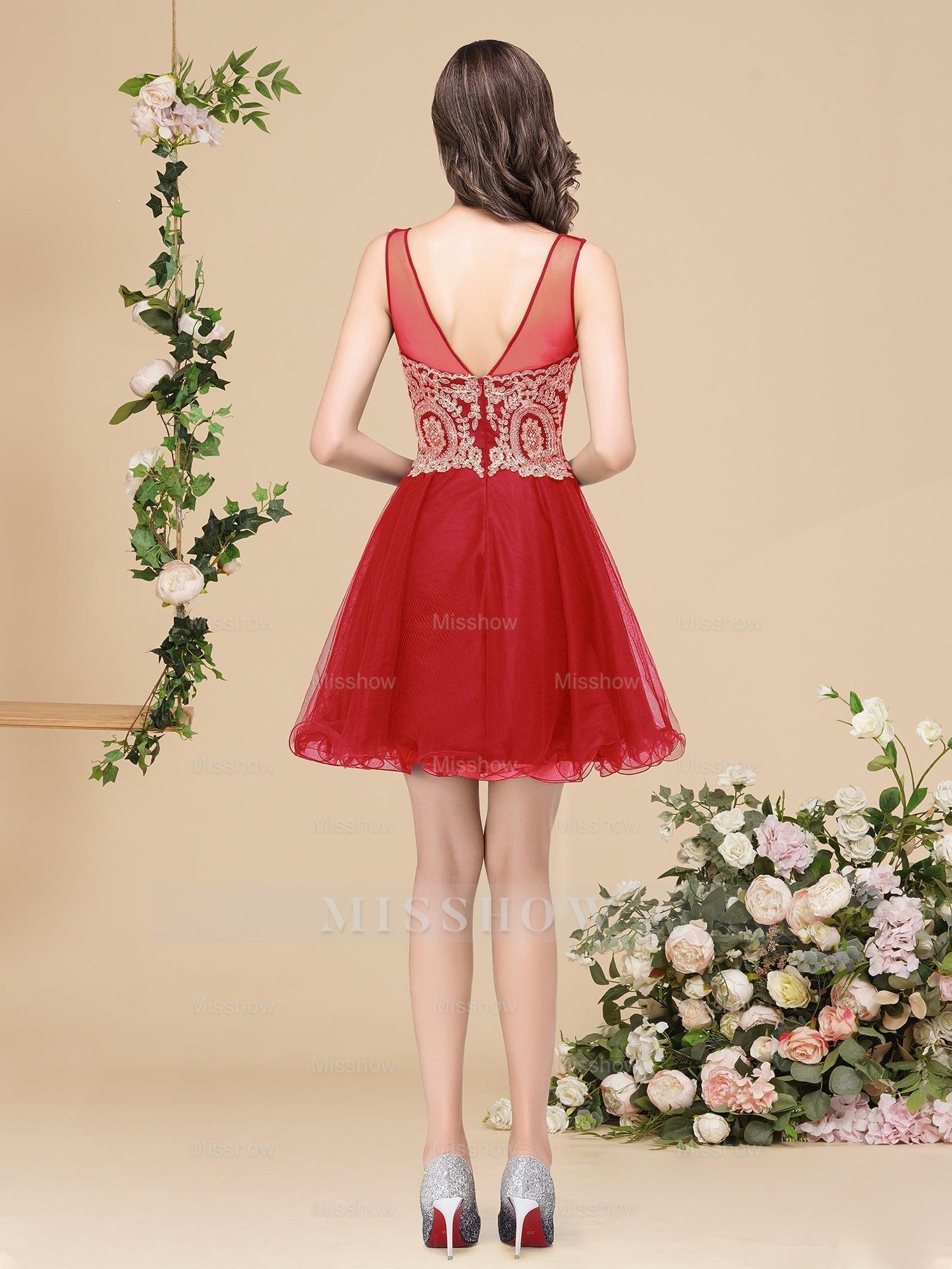 A-line Crew Short Sleeveless Appliques Prom Dresses