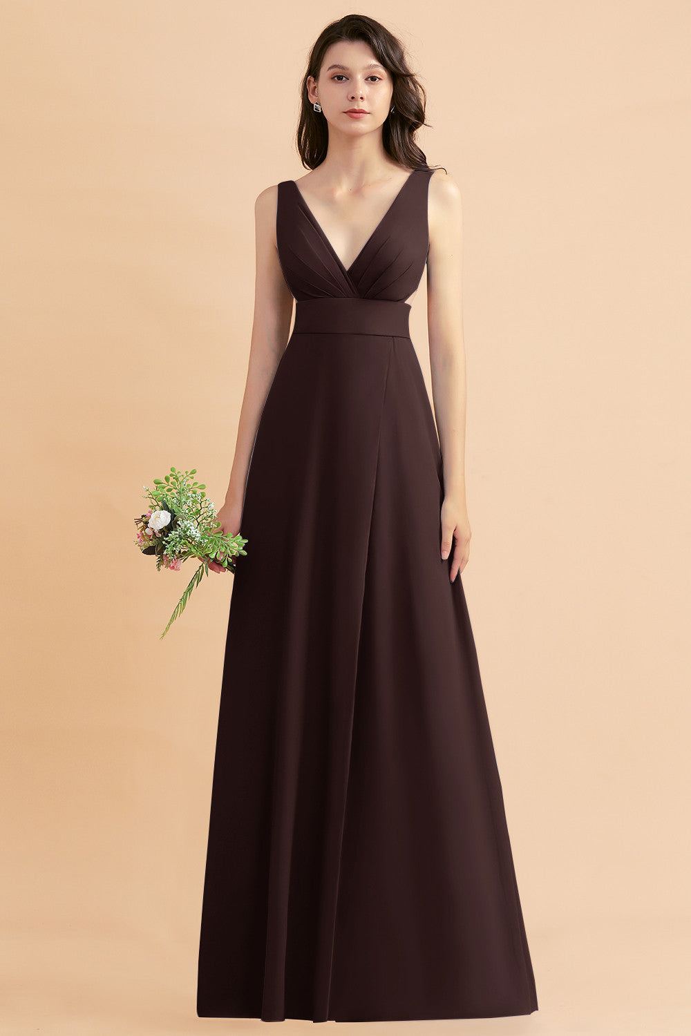 A-Line Dusty Blue Chiffon Ruffles Bridesmaid Dress with Slit